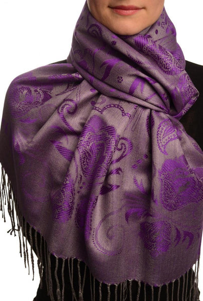 Pearls & Paisleys On Purple & Grey Pashmina With Tassels