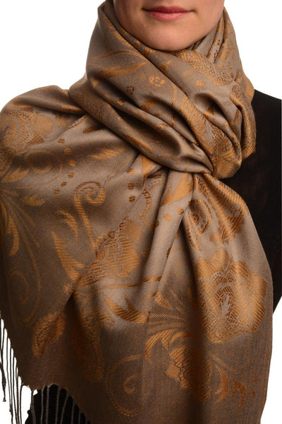 Pearls & Paisleys On Brown & Grey Pashmina With Tassels