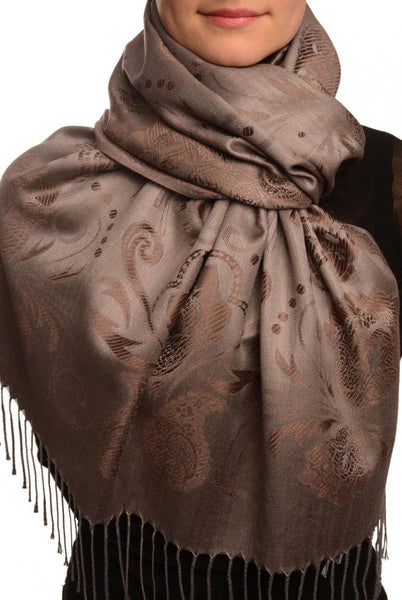 Pearls & Paisleys On Dark Brown & Grey Pashmina With Tassels