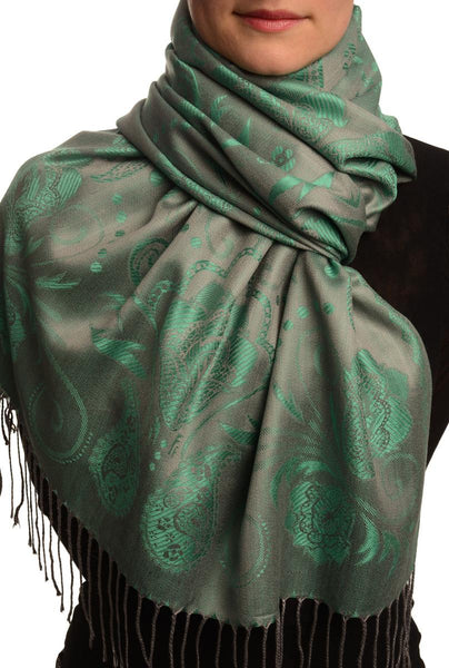 Pearls & Paisleys On Green & Grey Pashmina With Tassels