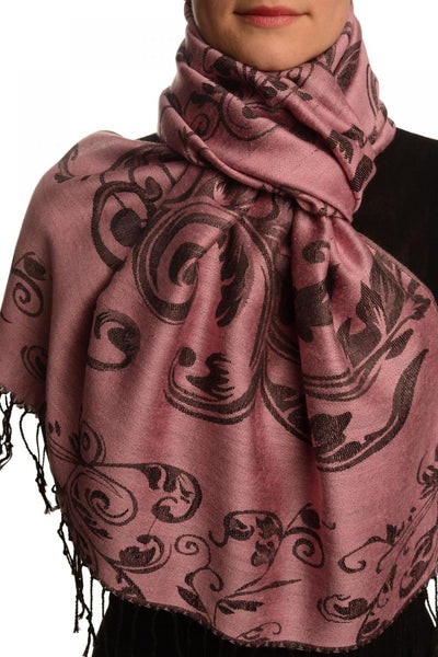 Fern Leaves On Thulian Pink Pashmina With Tassels