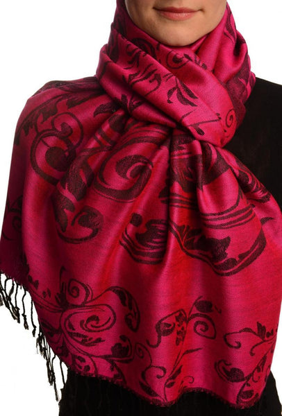 Fern Leaves On Fuchsia Pink Pashmina With Tassels