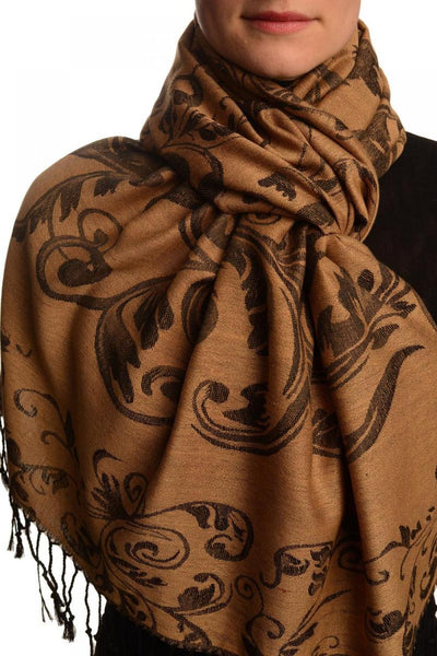 Fern Leaves On Mocha Pashmina With Tassels