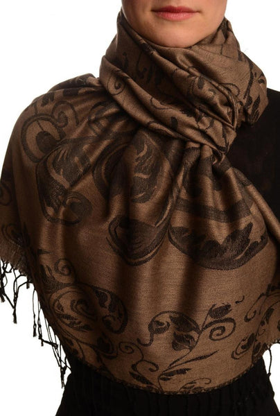 Fern Leaves On Brown Pashmina With Tassels