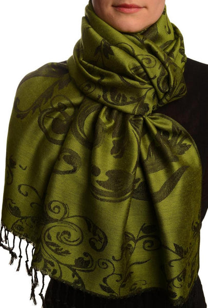 Fern Leaves On Green Pashmina With Tassels