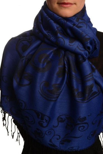 Fern Leaves On Persian Blue Pashmina With Tassels