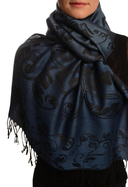 Fern Leaves On Yale Blue Pashmina With Tassels