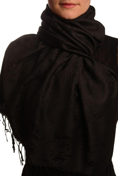 Fern Leaves On Black Pashmina With Tassels