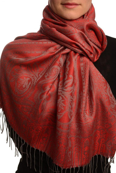 Mirrored Paisley On Red Pashmina With Tassels