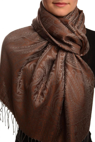 Mirrored Paisley On Dark Brown Pashmina With Tassels