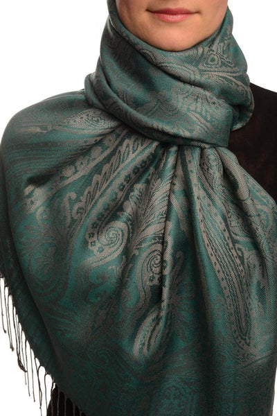 Mirrored Paisley On Green Pashmina With Tassels