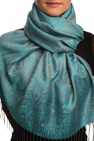 Mirrored Paisley On Dodger Blue Pashmina With Tassels