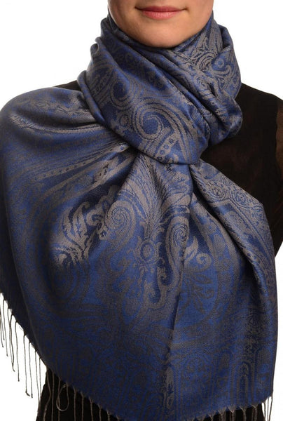 Mirrored Paisley On Persian Blue Pashmina With Tassels