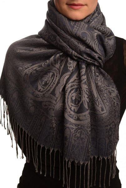 Mirrored Paisley On Black Pashmina With Tassels