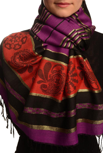 Purple Stripes & Gold Lurex Pashmina With Tassels