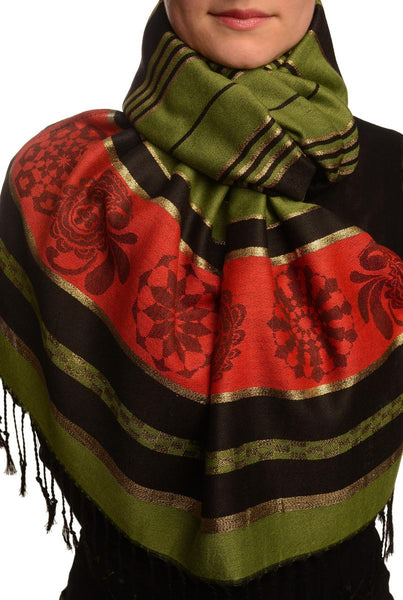 Olive Green Stripes & Gold Lurex Pashmina With Tassels