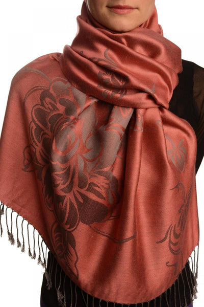 Large Roses On Chestnut Pink Pashmina With Tassels