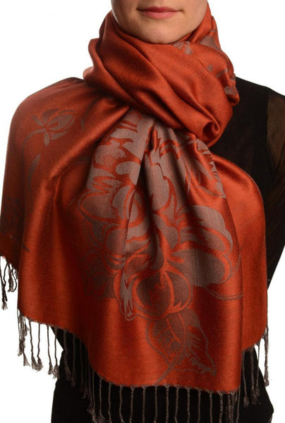 Large Roses On Terracotta Pashmina With Tassels