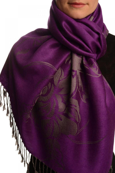 Large Roses On Purple Pashmina With Tassels