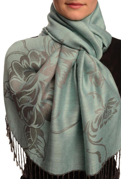 Large Roses On Powder Blue Pashmina With Tassels