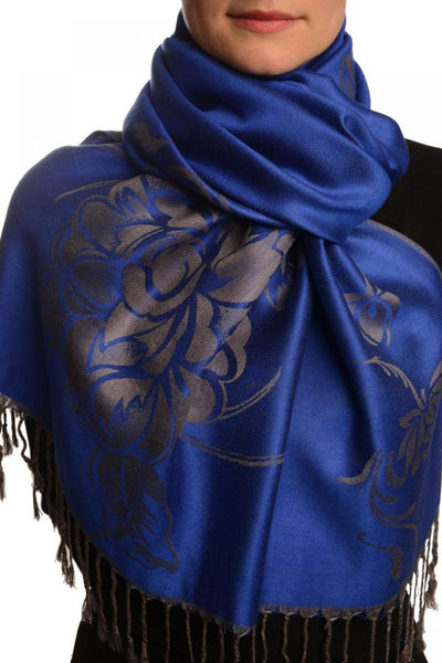 Large Roses On Persian Blue Pashmina With Tassels