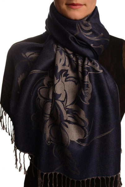 Large Roses On Oxford Blue Pashmina With Tassels