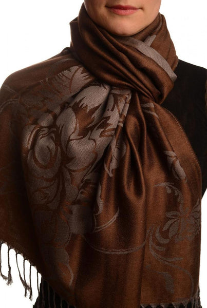 Large Roses On Chocolate Brown Pashmina With Tassels