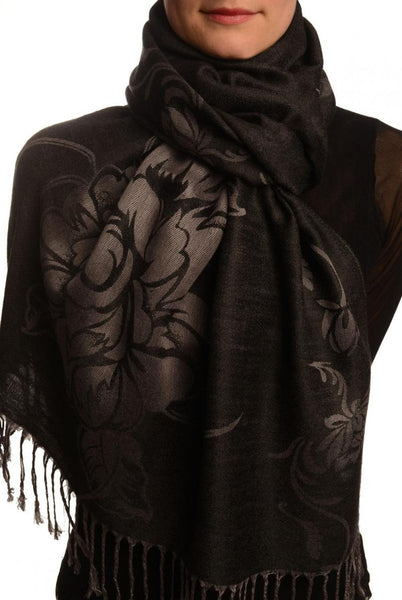 Large Roses On Black Pashmina With Tassels