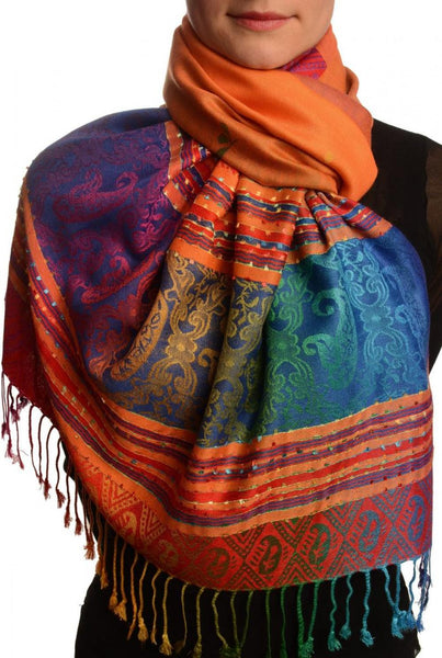 Small Clover On Orange Ombre Pashmina With Tassels