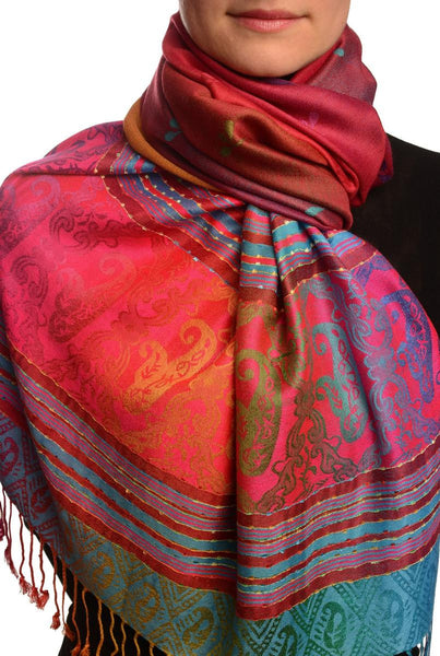 Small Clover On Red Ombre Pashmina With Tassels