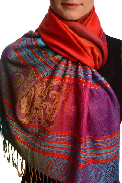 Small Clover On Burgundy Red Ombre Pashmina With Tassels