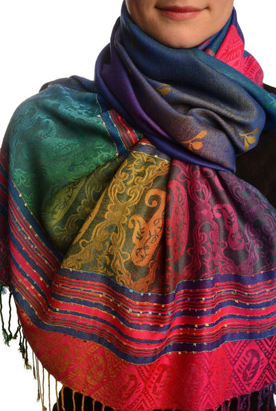 Small Clover On Persian Blue Ombre Pashmina With Tassels