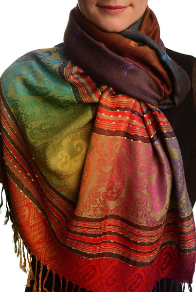 Small Clover On Brown Ombre Pashmina With Tassels