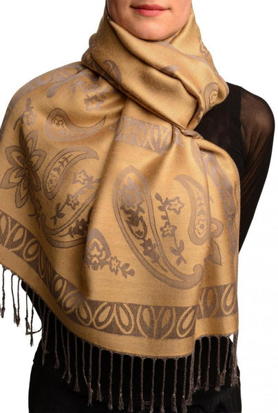 Frames and Paisleys On Peanut Brown Pashmina Feel With Tassels