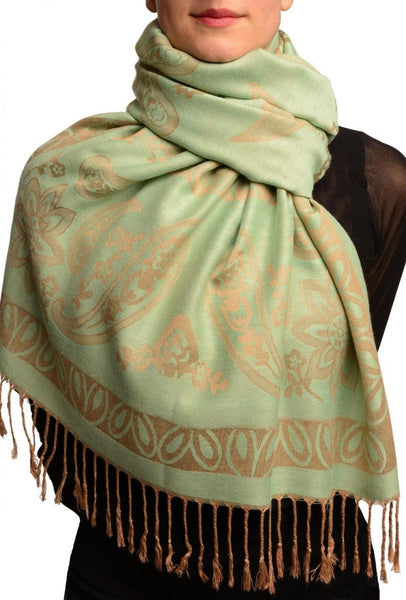 Frames and Paisleys On Moss Green Pashmina Feel With Tassels