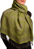 Frames and Paisleys On Olive Green Pashmina Feel With Tassels