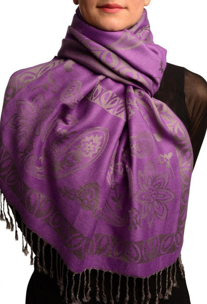 Frames and Paisleys On Purple Pashmina Feel With Tassels