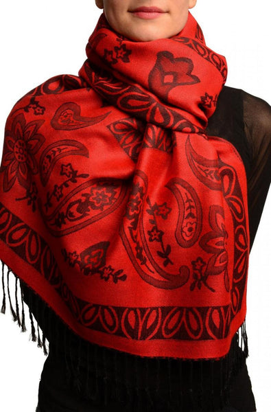 Frames and Paisleys On Red Pashmina Feel With Tassels