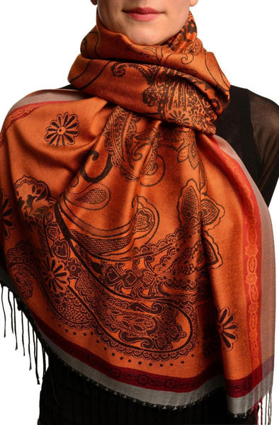 Red Frame & Paisleys On Orange Pashmina Feel With Tassels