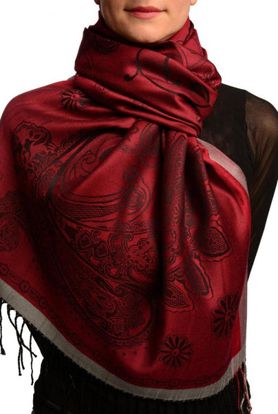 Red Frame & Paisleys On Dark Red Pashmina Feel With Tassels