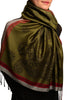 Red Frame & Paisleys On Olive Green Pashmina Feel With Tassels