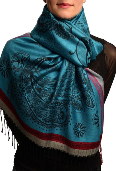 Red Frame & Paisleys On Cerulean Blue Pashmina Feel With Tassels