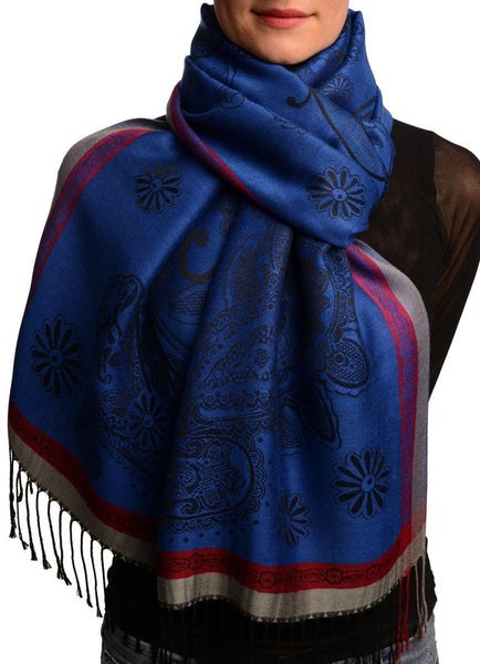 Red Frame & Paisleys On Persian Blue Pashmina Feel With Tassels