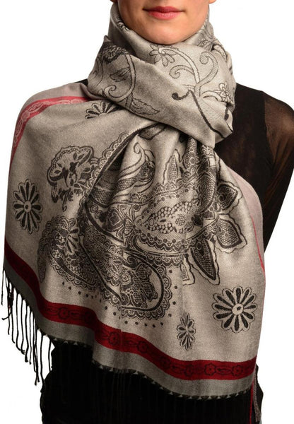 Red Frame & Paisleys On Silver Grey Pashmina Feel With Tassels