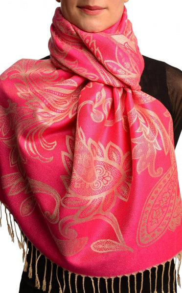 Large Paisleys On Fuchsia Pink Pashmina Feel With Tassels