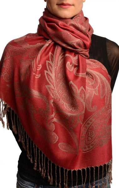 Large Paisleys On Dark Red Pashmina Feel With Tassels