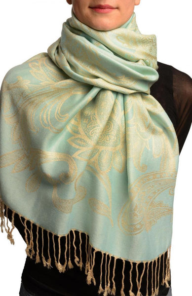 Large Paisleys On Powder Blue Pashmina Feel With Tassels