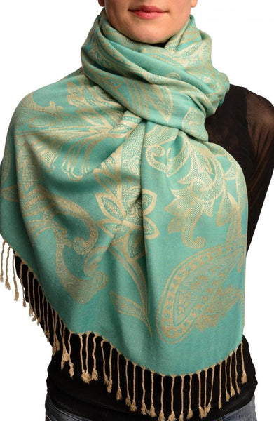 Large Paisleys On Teal Blue Pashmina Feel With Tassels