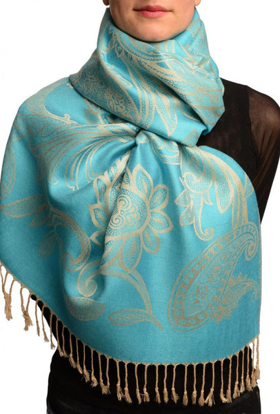 Large Paisleys On Turquoise Blue Pashmina Feel With Tassels