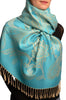 Large Paisleys On Turquoise Blue Pashmina Feel With Tassels